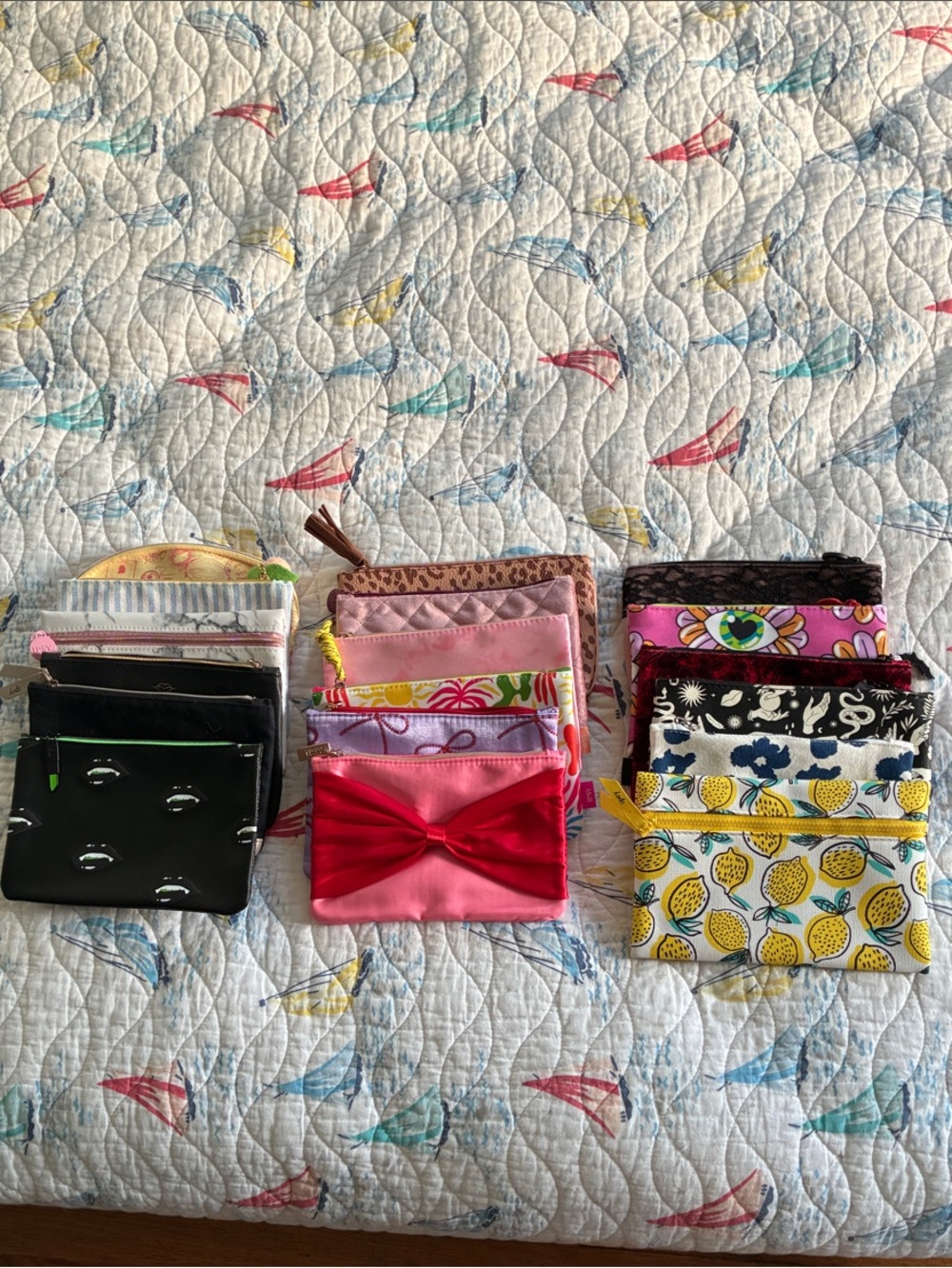 ipsy Assorted Zipper Pouch Bundle - Pink, Yellow, Black, Red, White, approx 7”.
